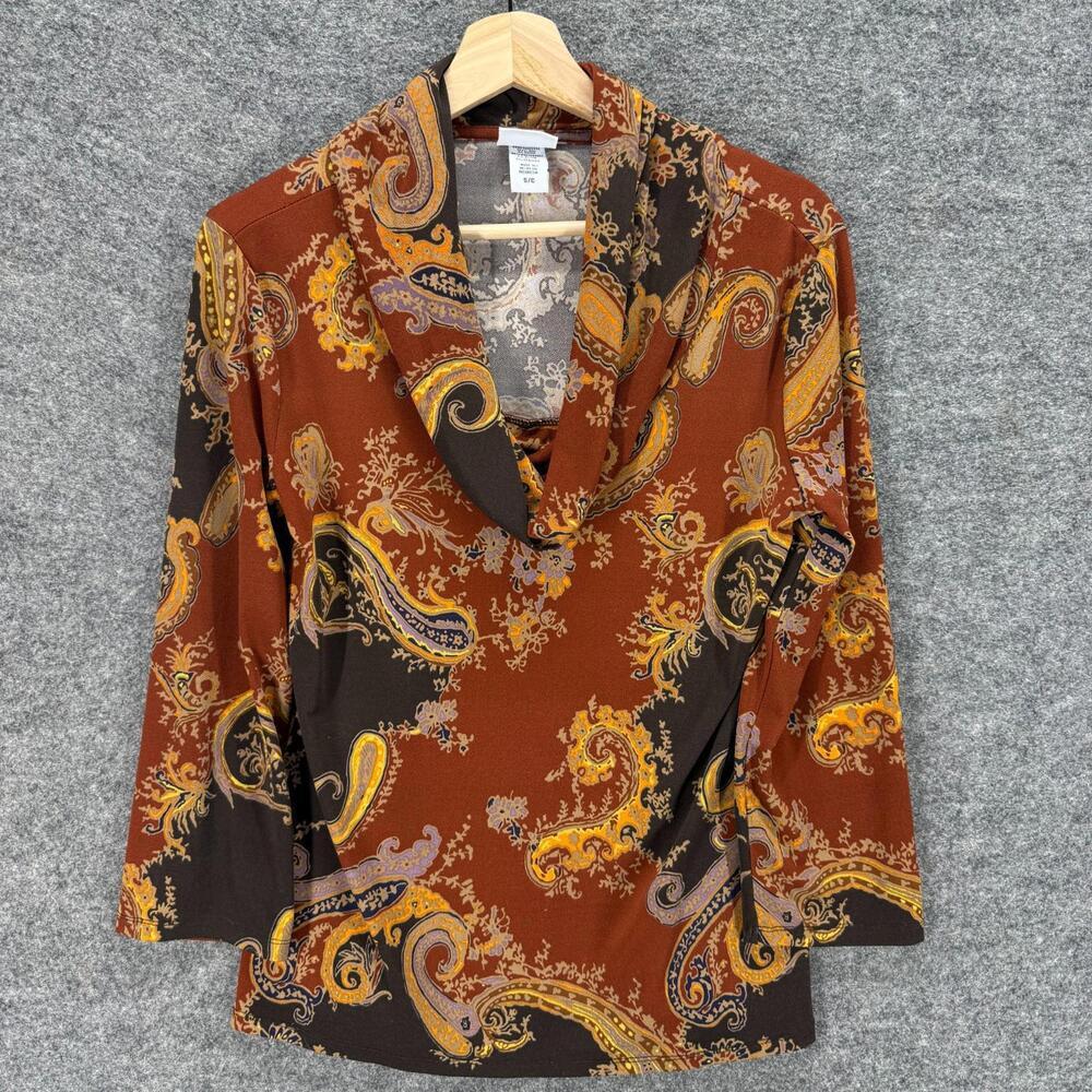 Jaclyn Smith Blouse Women S Small Brown Paisley Cowl Neck Long Sleeve Casual